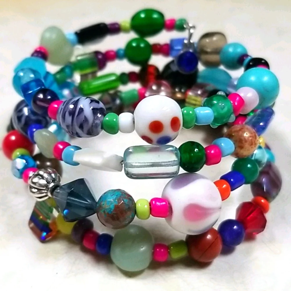Hand Crafted Vintage Glass and Turquoise and Semi-precious Bead Wrap Bracelet - Picture 6 of 16